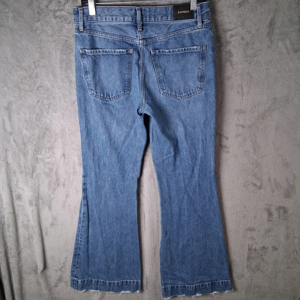Express 70s Flare Mid Rise Jeans Blue Women Size 4R 007151711 Distressed Hem